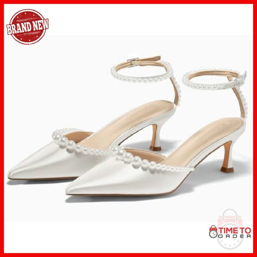 Pearl Kitten Heels Satin Pumps Ankle Strap Wedding Dress Shoes - Picture 7 of 8